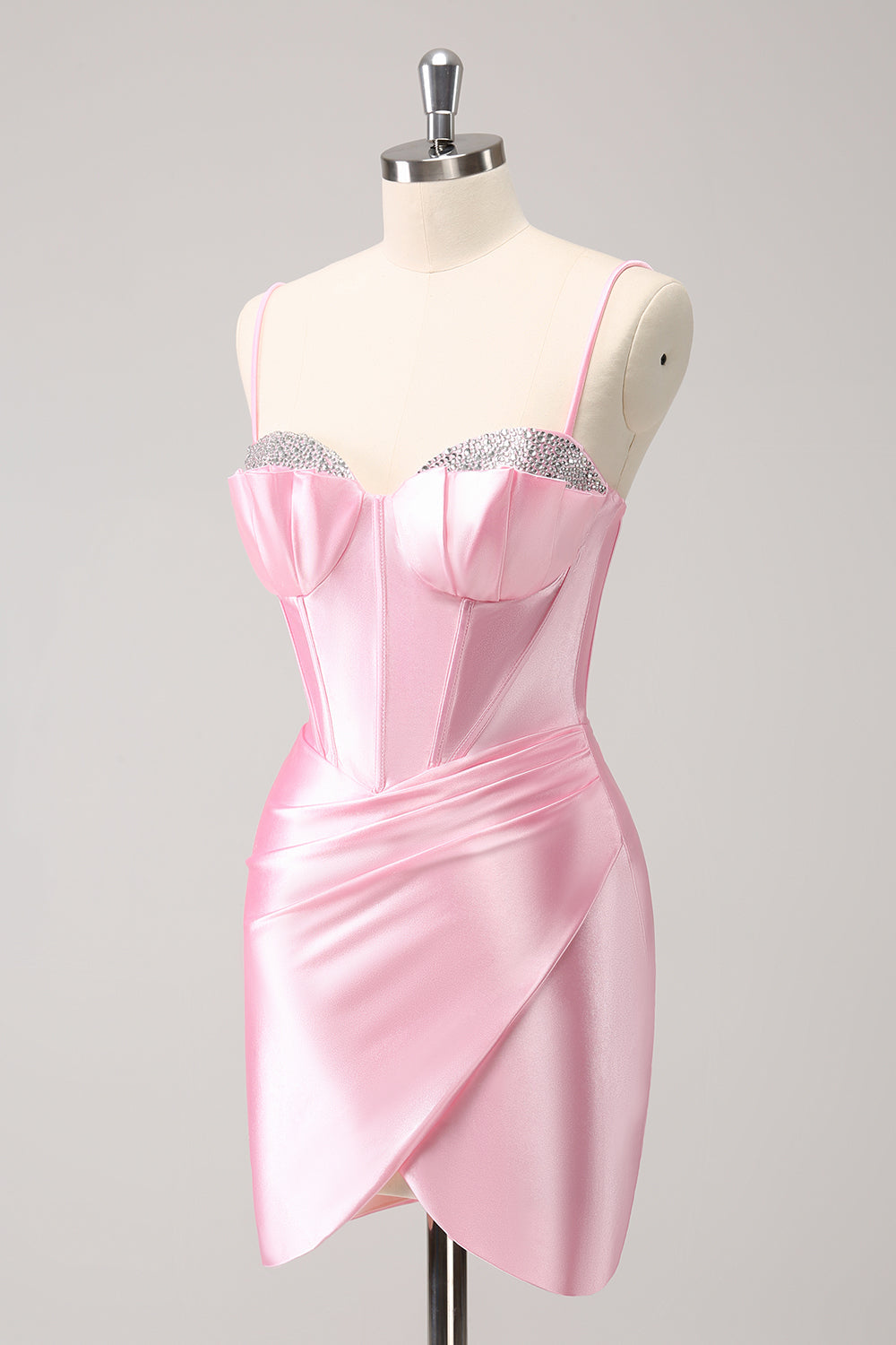 Sparkly Pink Spaghetti Straps Corset Tight Cocktail Dress with Beading