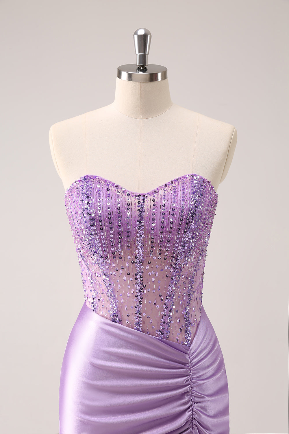 Lilac Strapless Sequins Corset Ruched Tight Cocktail Dress