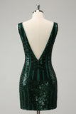Glitter Dark Green Tight V Neck Sequins Cocktail Dress with Detachable Ruffles