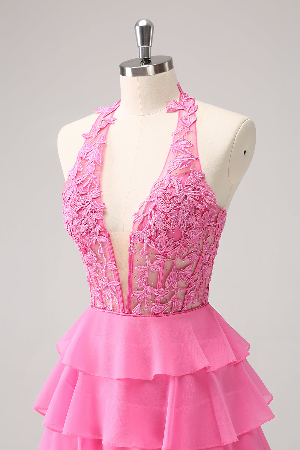 Hot Pink A Line Halter Tiered Corset Short Cocktail Dress with Ruffles
