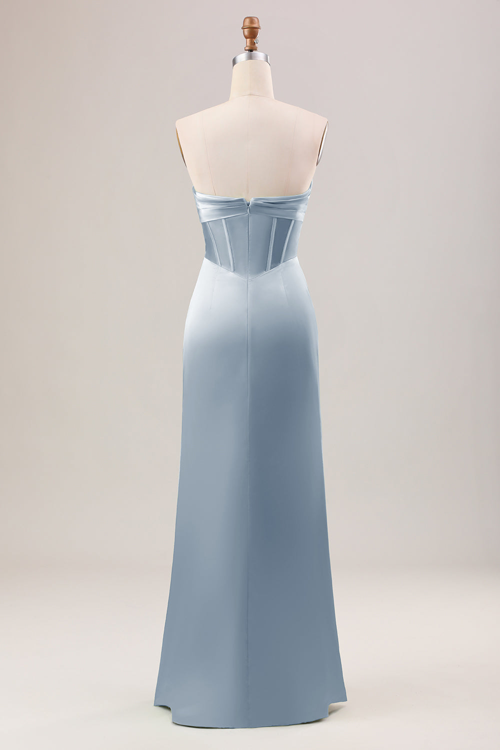 Dusty Blue Sheath Corset Strapless Long Bridesmaid Dress With Slit