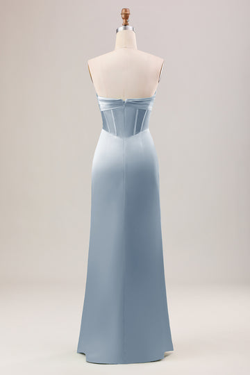 Dusty Blue Sheath Corset Strapless Long Bridesmaid Dress With Slit