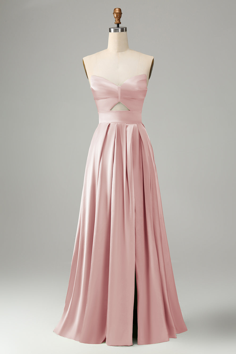 Dusty Blue A Line Pleated Strapless Keyhole Bridesmaid Dress With Slit