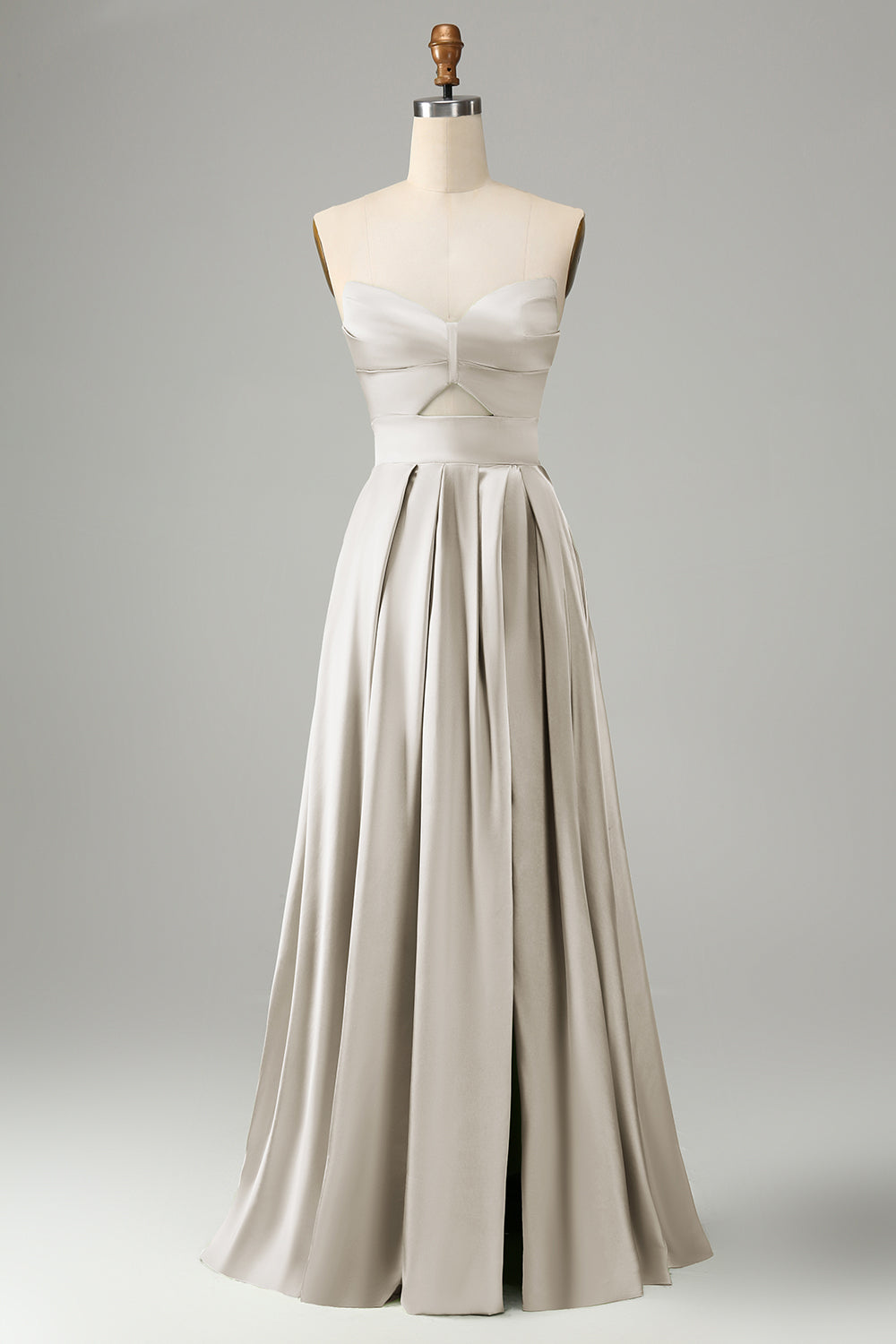 Dusty Blue A Line Pleated Strapless Keyhole Bridesmaid Dress With Slit