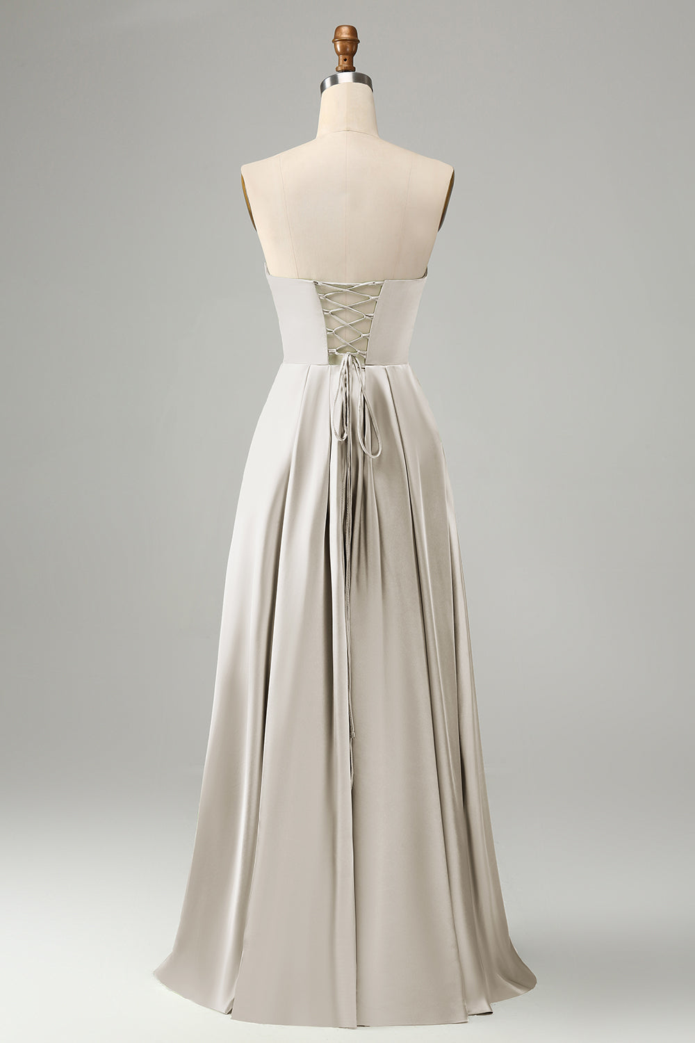 Dusty Blue A Line Pleated Strapless Keyhole Bridesmaid Dress With Slit