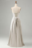 Dusty Blue A Line Pleated Strapless Keyhole Bridesmaid Dress With Slit