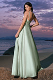 Pink A-Line Spaghetti Straps Satin Corset Long Bridesmaid Dress with Slit