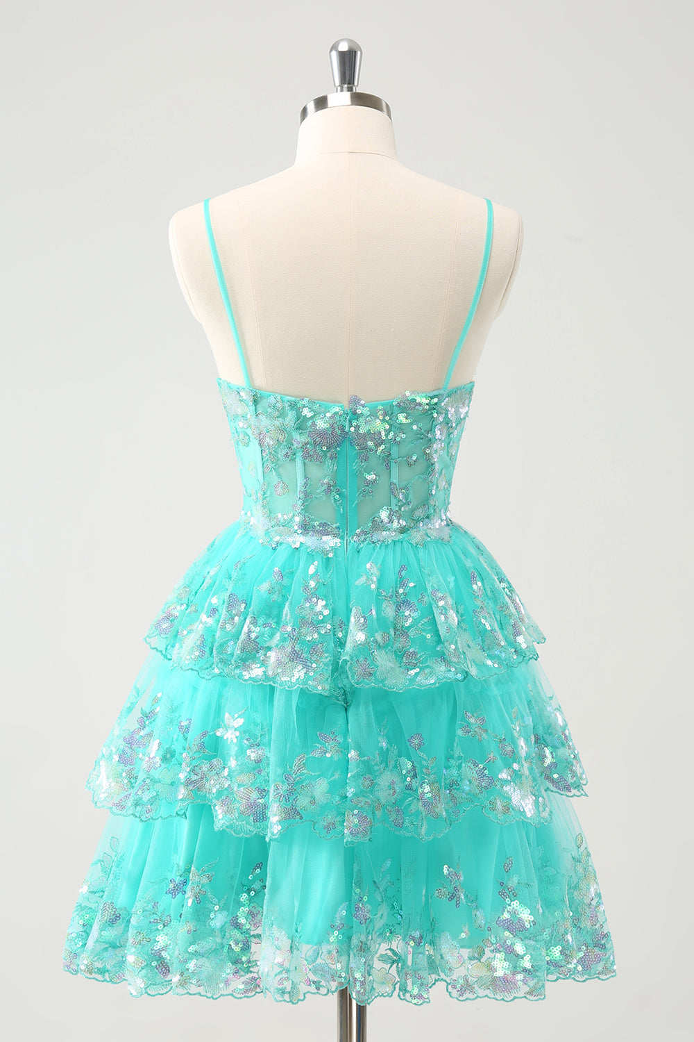 Cute Sparkly A-Line Green Spaghetti Straps Tiered Cocktail Dress with Sequins