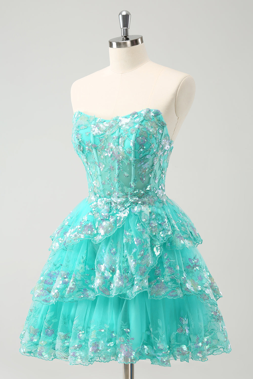 Cute Glitter Green A Line Strapless Sequined Tiered Corset Cocktail Dress