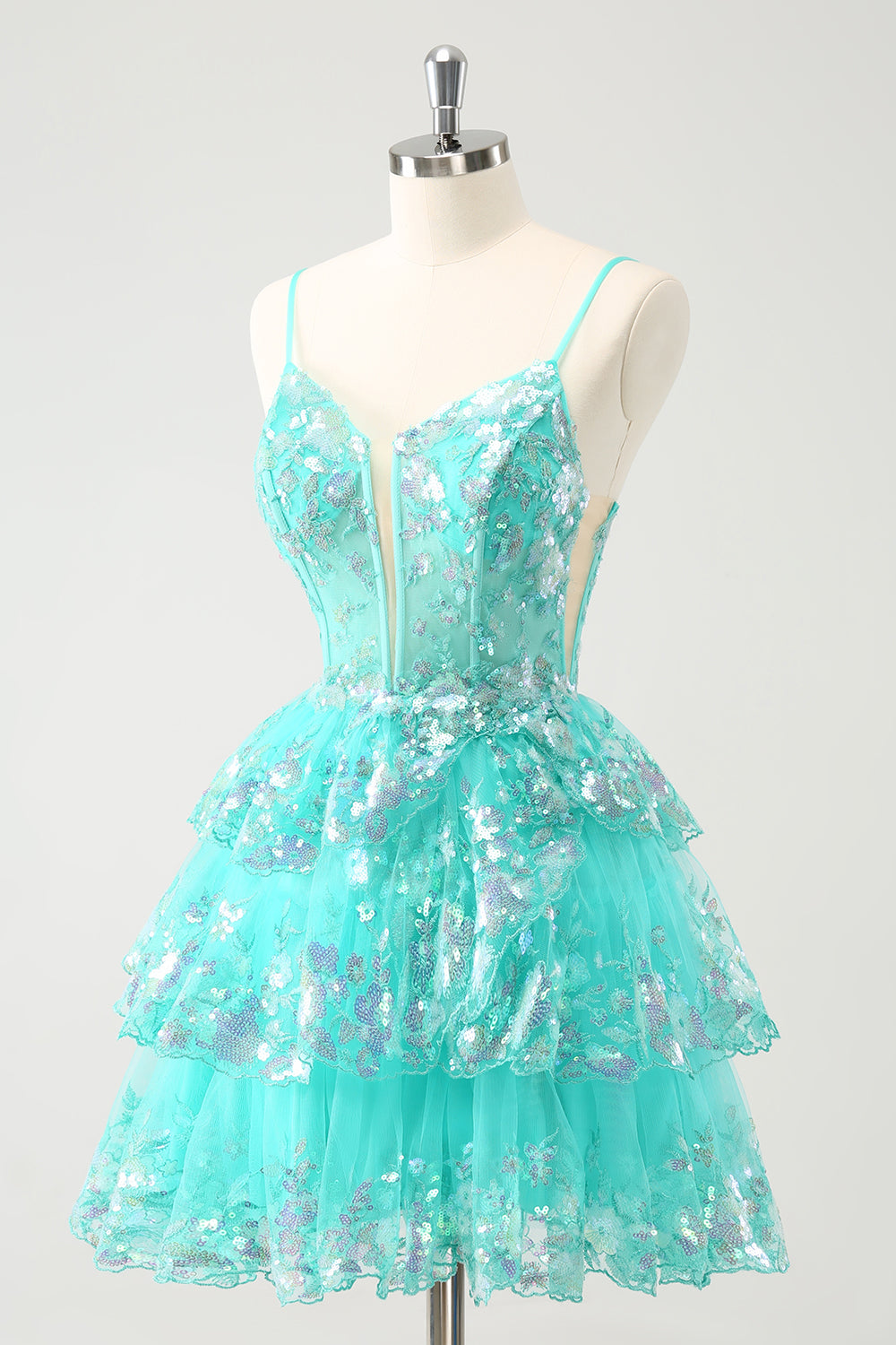 Cute Sparkly A-Line Green Spaghetti Straps Tiered Cocktail Dress with Sequins
