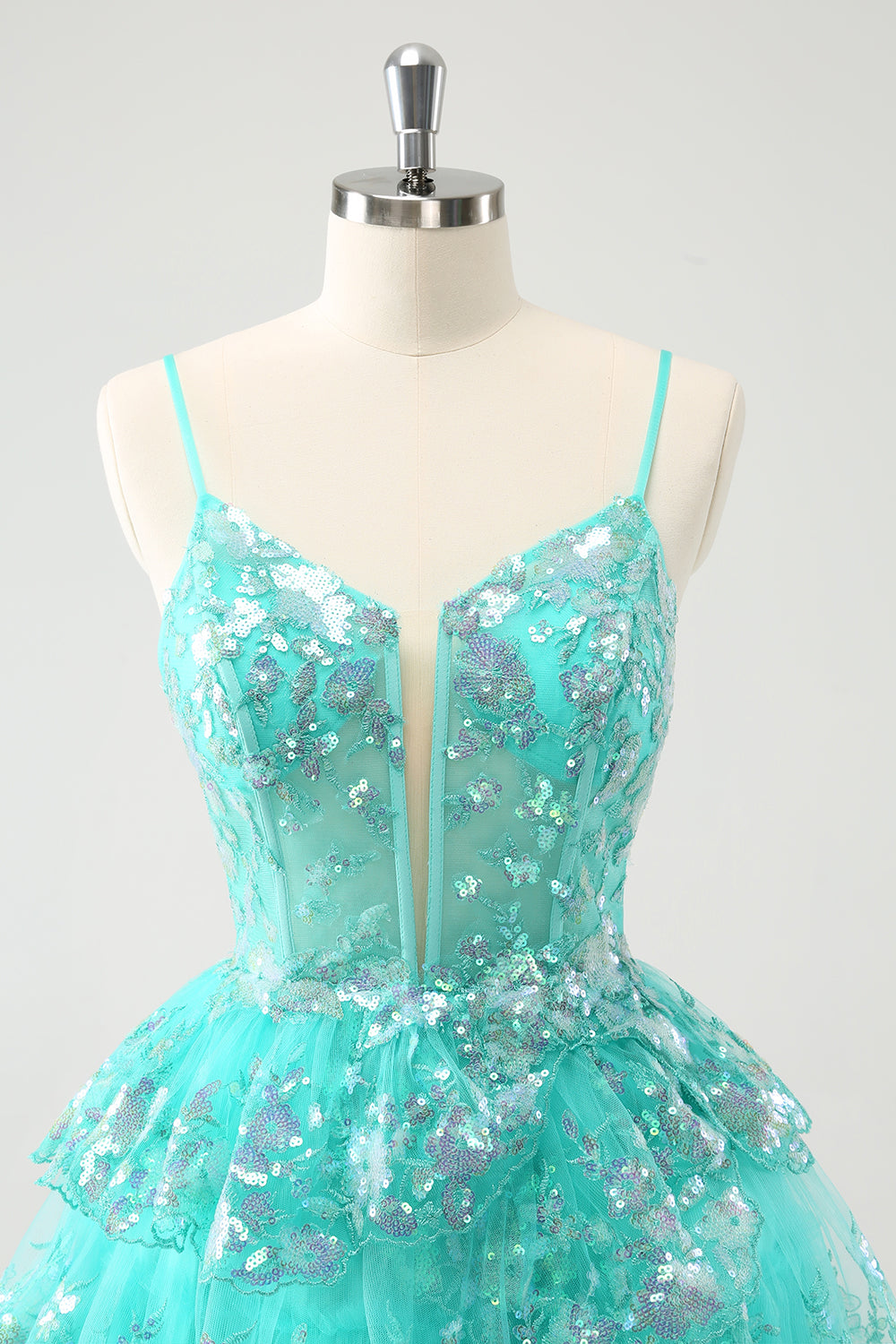 Cute Sparkly A-Line Green Spaghetti Straps Tiered Cocktail Dress with Sequins