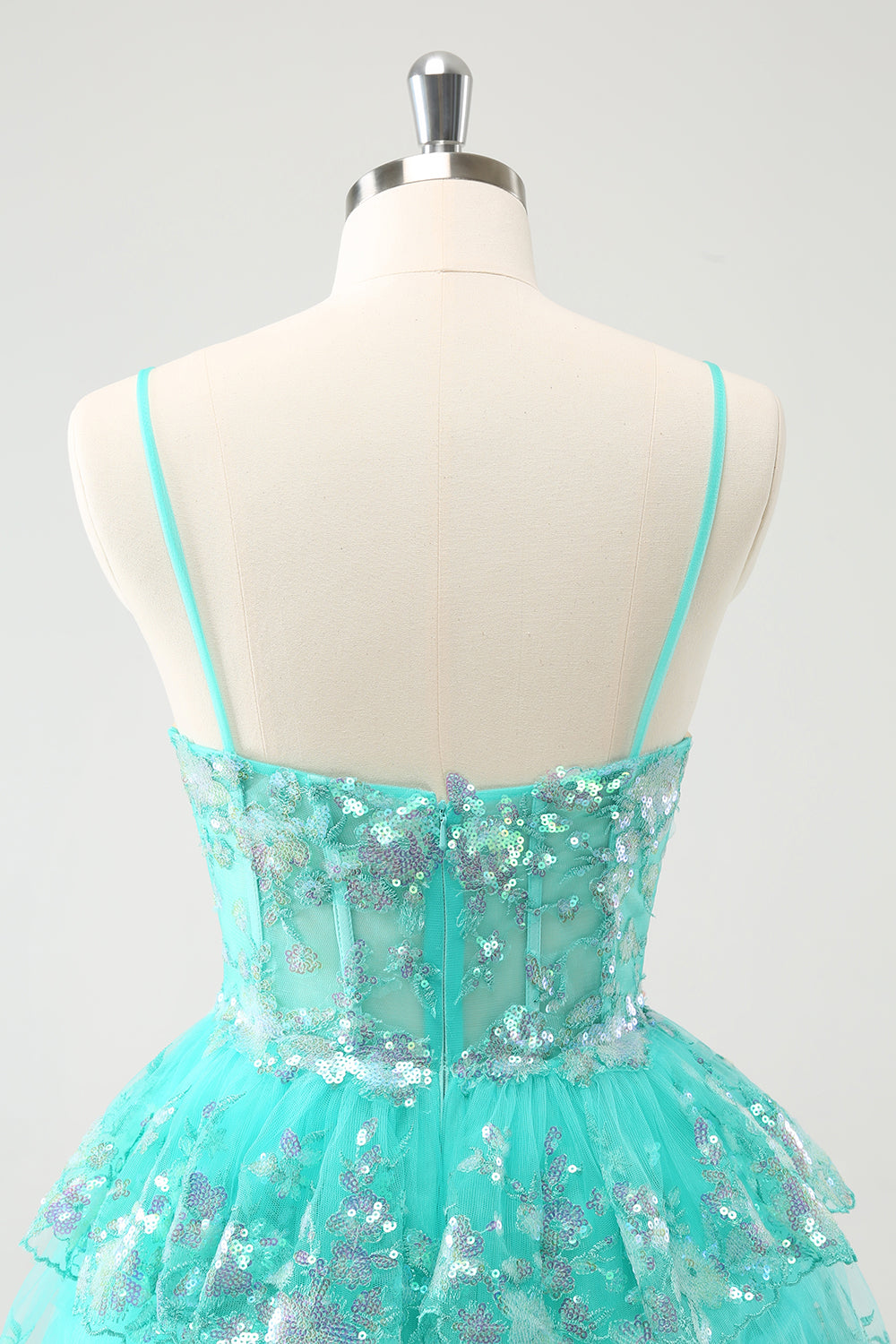 Cute Sparkly A-Line Green Spaghetti Straps Tiered Cocktail Dress with Sequins
