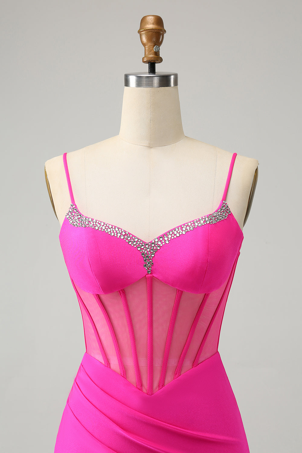Glitter Fuchsia Beaded Tight Corset Short Cocktail Dress with Slit