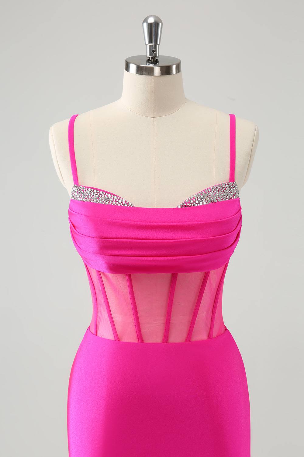 Glitter Fuchsia Spaghetti Straps Tight Corset Cocktail Dress with Beading
