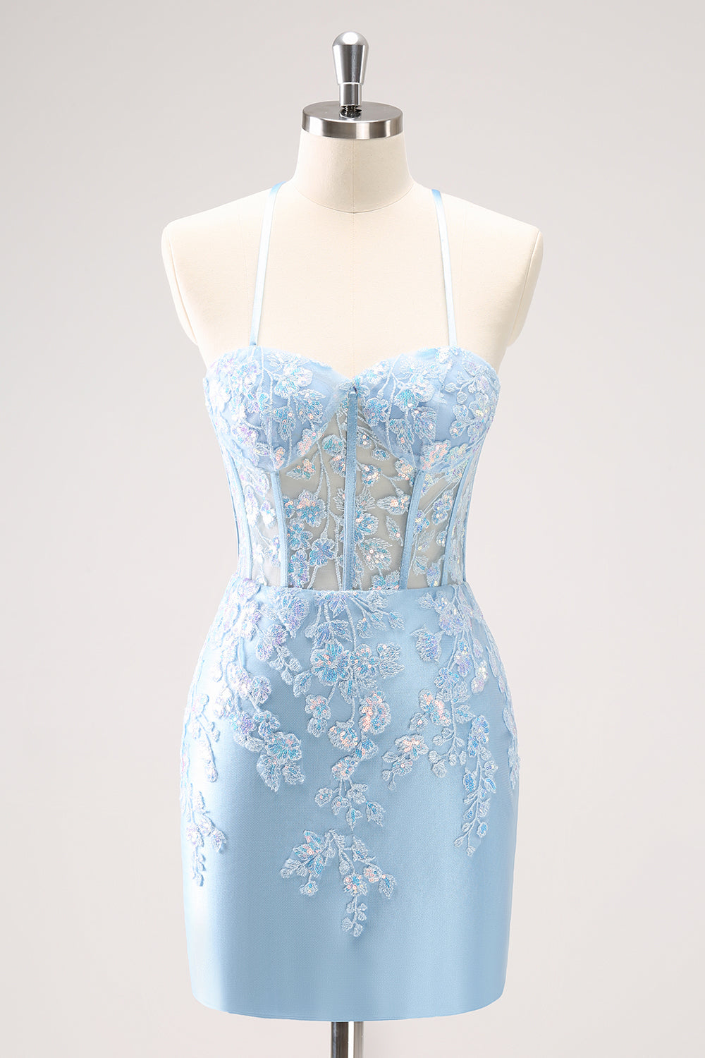 Blue Spaghetti Straps Corset Tight Cocktail Dress Dress with Sequins