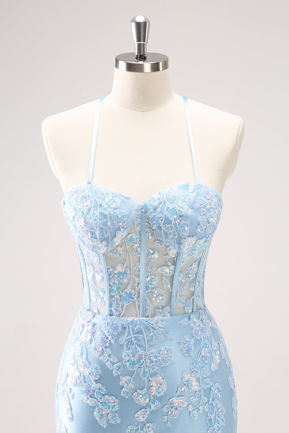 Blue Spaghetti Straps Corset Tight Cocktail Dress Dress with Sequins