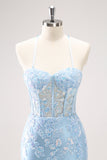 Blue Spaghetti Straps Corset Tight Cocktail Dress Dress with Sequins