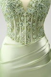 Sparkly Green Spaghetti Straps Beaded Corset Cocktail Dress with Appliques