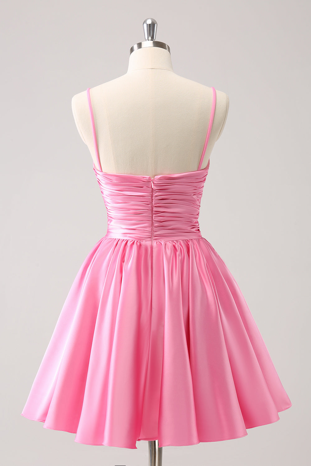 Pink A-Line Spaghetti Straps Pleated Cocktail Dress with Keyhole