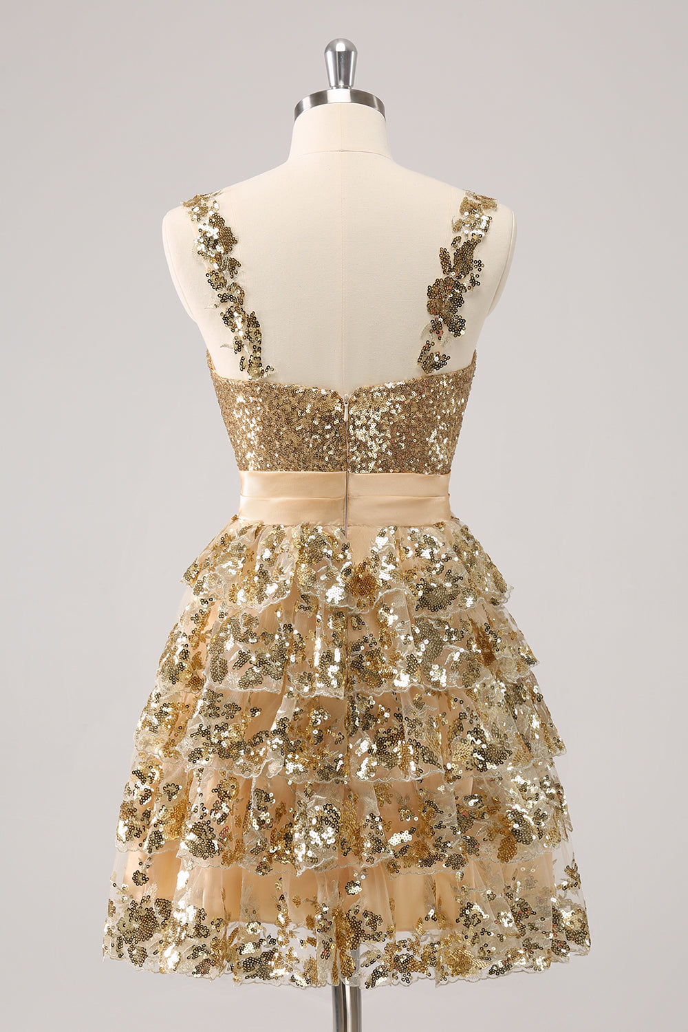 Golden A-Line Spaghetti Straps Sequined Cocktail Dress with Flower