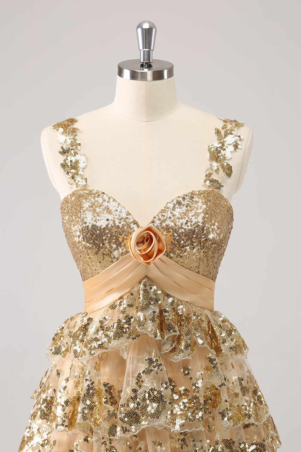 Golden A-Line Spaghetti Straps Sequined Cocktail Dress with Flower