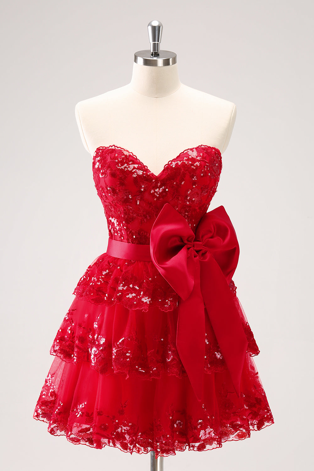 Sparkly Red A-Line Strapless Tiered Sequined Cocktail Dress Dress with Bow