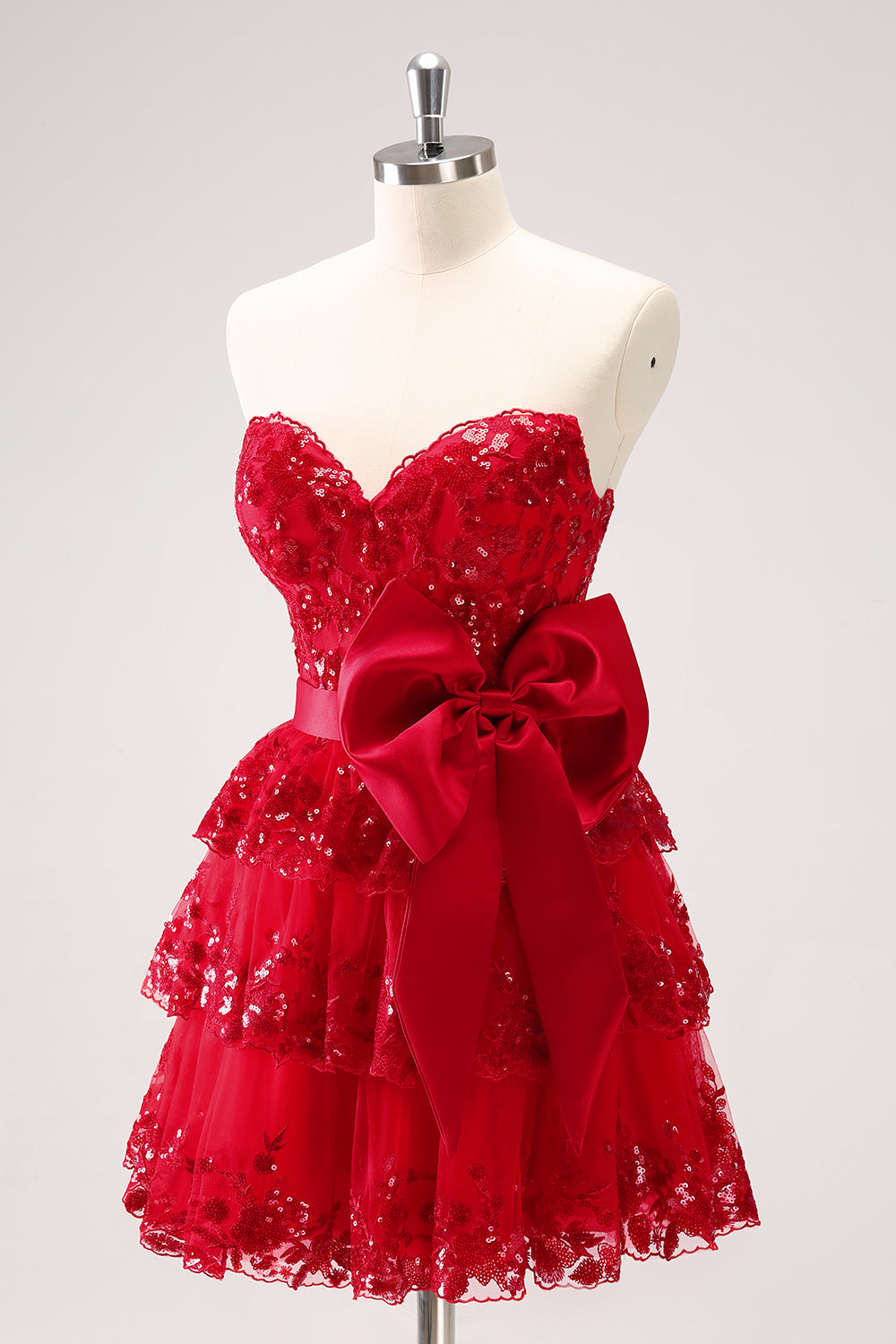 Sparkly Red A-Line Strapless Tiered Sequined Cocktail Dress Dress with Bow