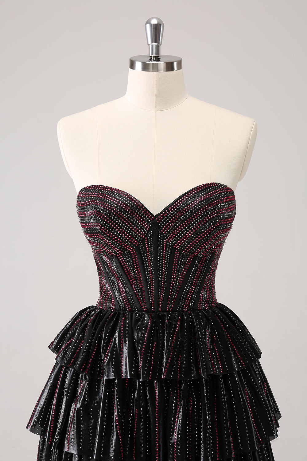 Sparkly Black Pink Sweetheart Tiered Cocktail Dress with Beading