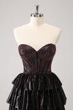 Sparkly Black Pink Sweetheart Tiered Cocktail Dress with Beading