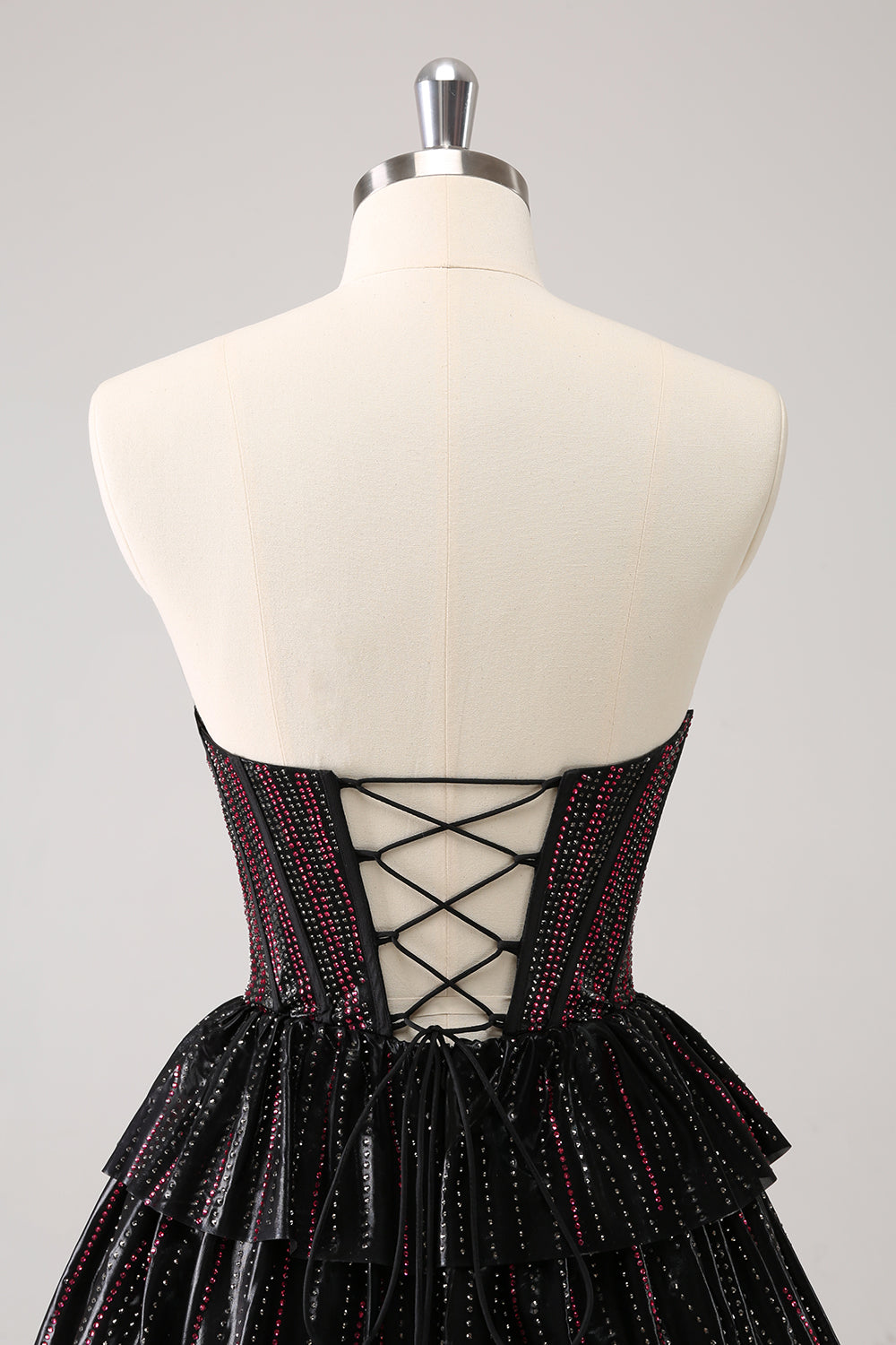 Sparkly Black Pink Sweetheart Tiered Cocktail Dress with Beading