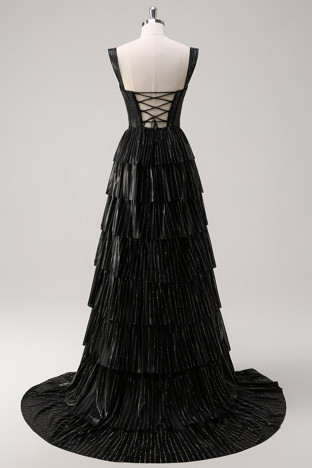 Sparkly Black Silver A Line Off The Shoulder Corset Tiered Formal Dress with Beading