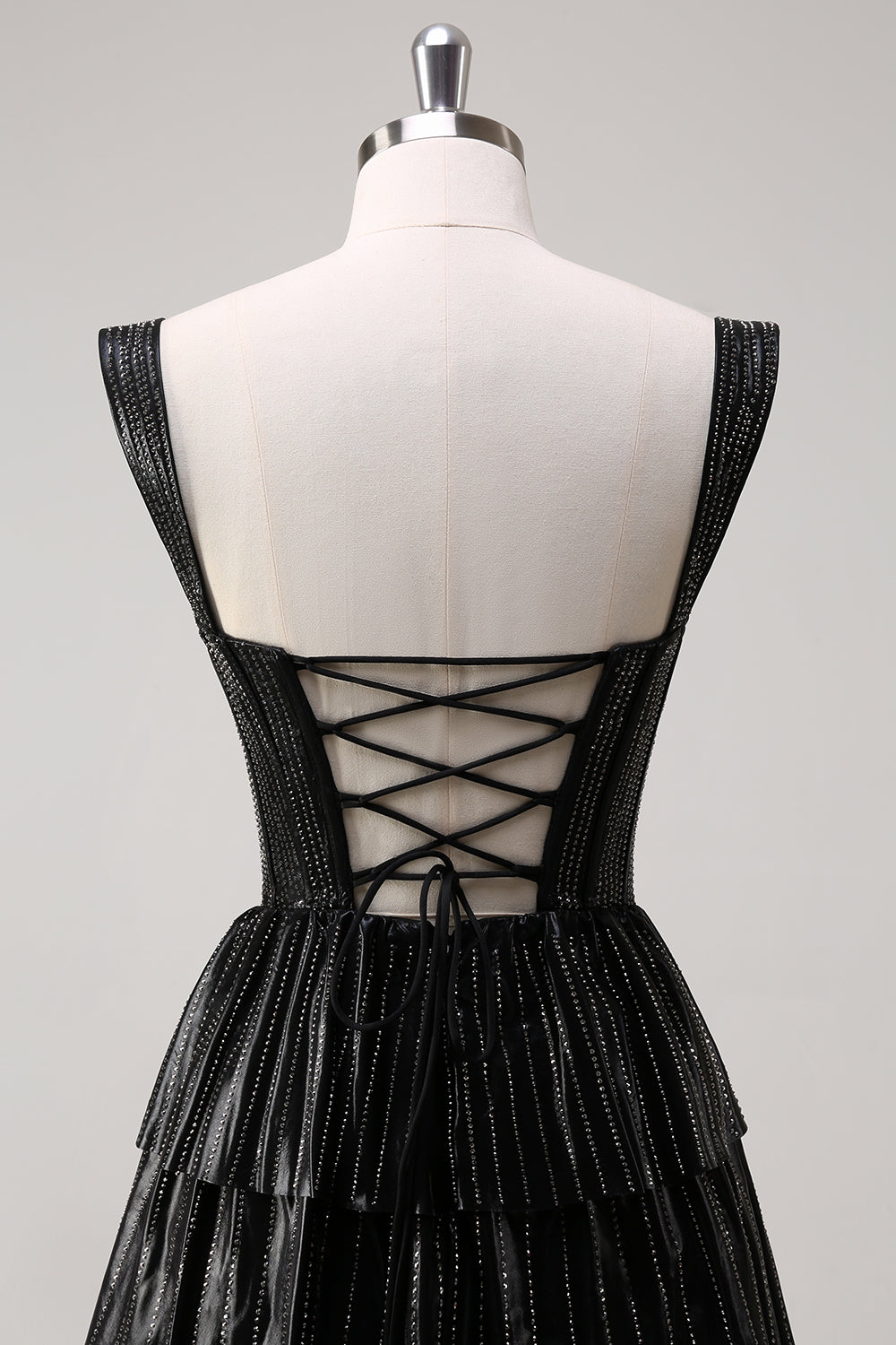 Sparkly Black Silver A Line Off The Shoulder Corset Tiered Formal Dress with Beading
