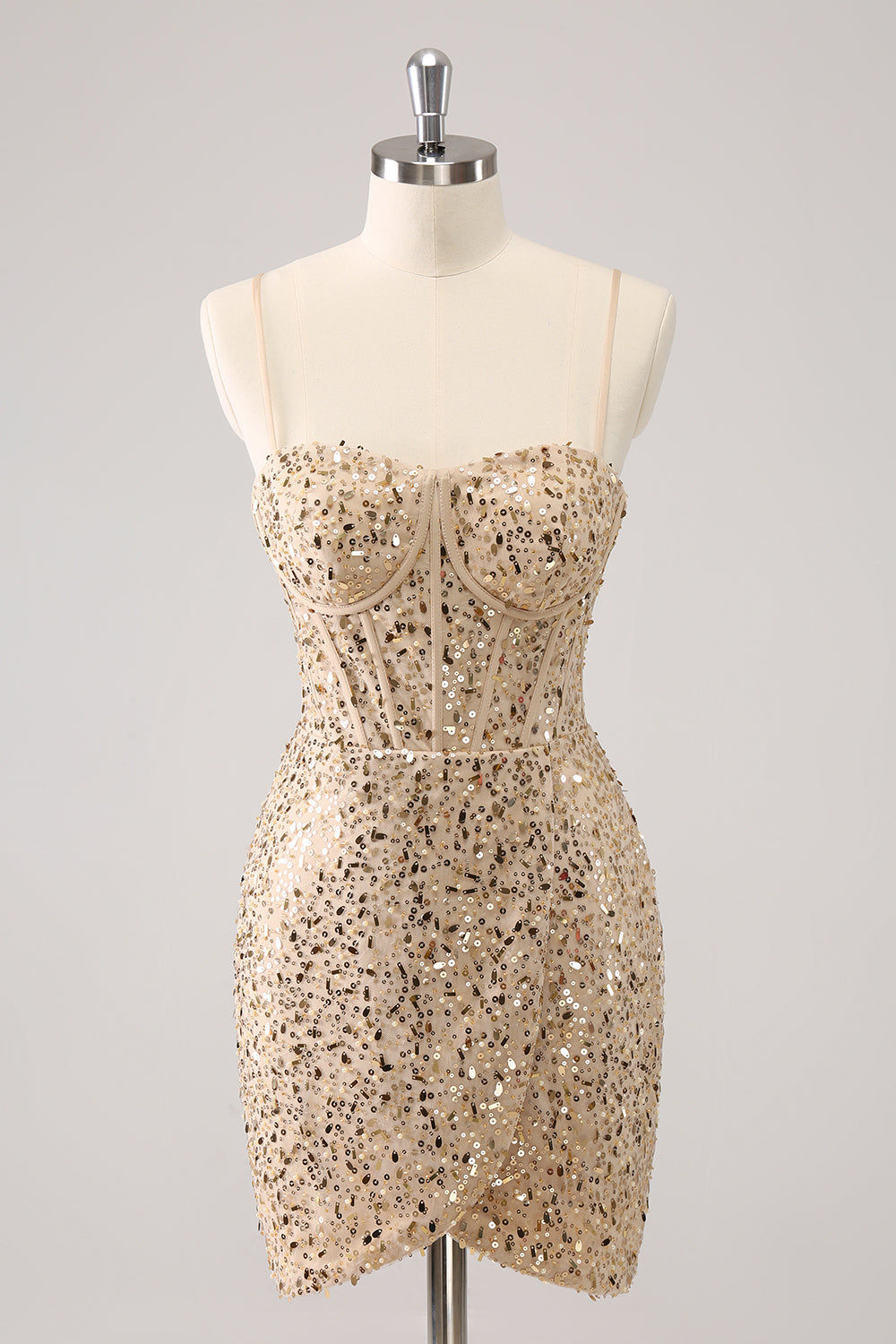 Sparkly Golden Spaghetti Straps Bodycon Cocktail Dress with Sequins