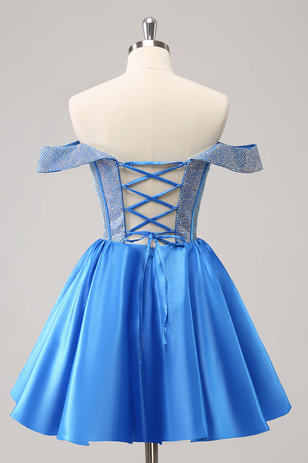 Sparkly Blue A Line Off the Shoulder Corset Cocktail Dress with Beading