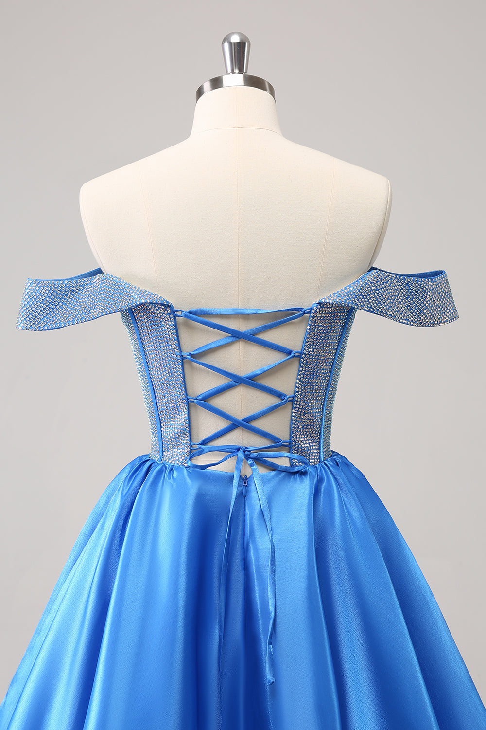 Sparkly Blue A-Line Off the Shoulder Beaded Satin Cocktail Dress