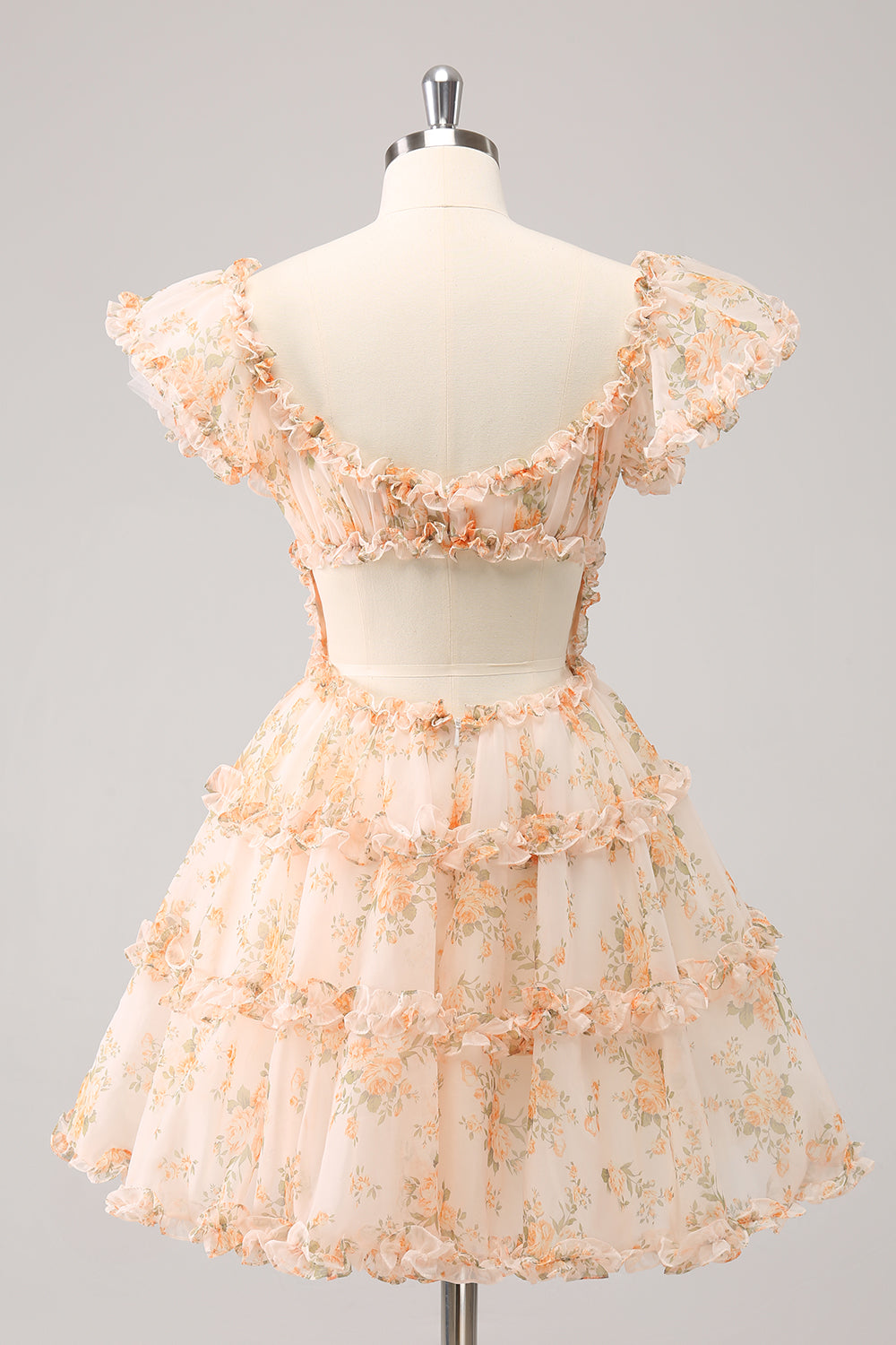 Yellow A-Line Ruffled Tulle Floral Print Cocktail Dress
