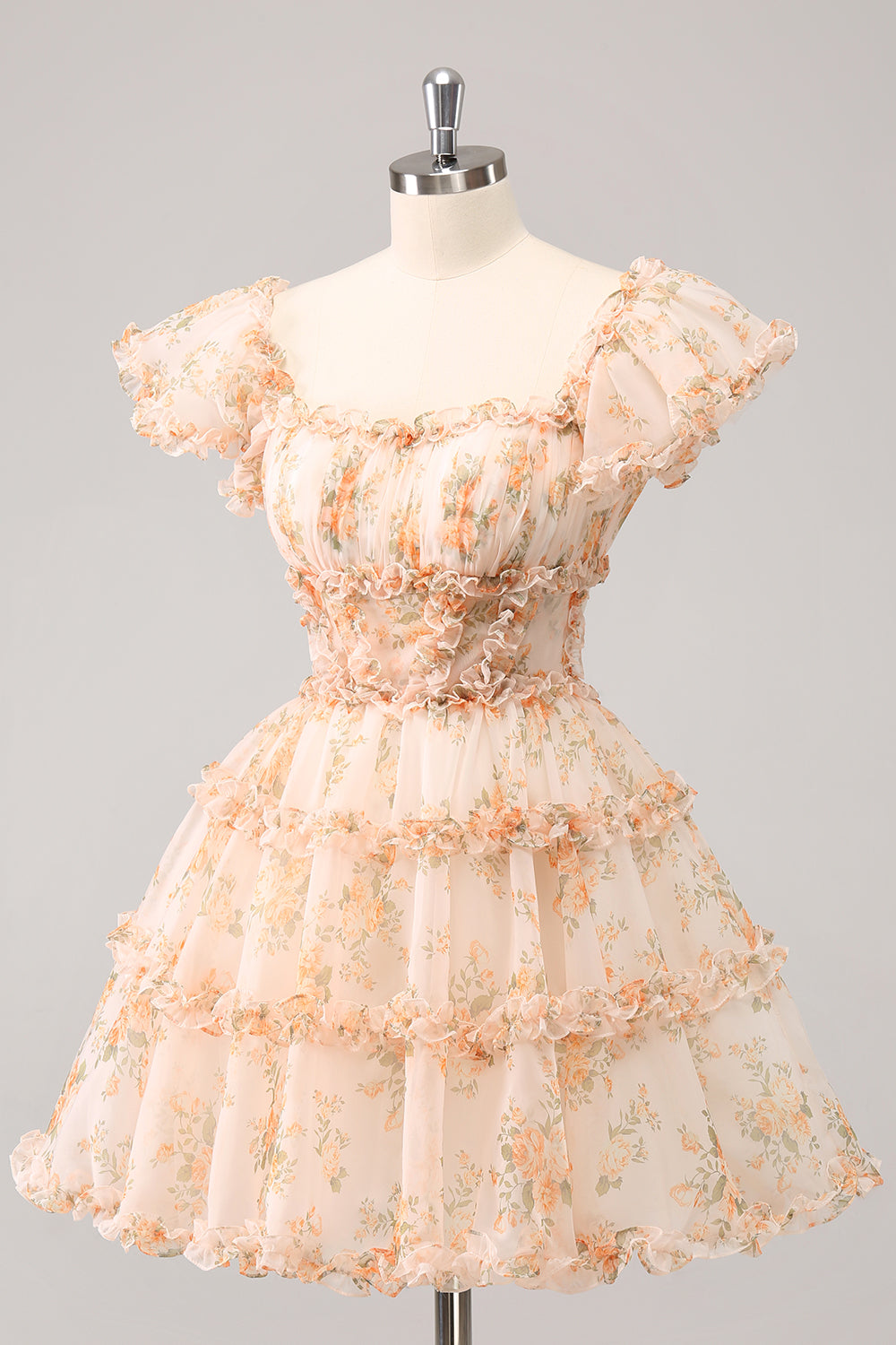 Yellow A-Line Ruffled Tulle Floral Print Cocktail Dress
