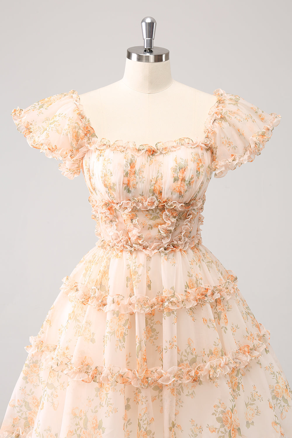 Yellow A-Line Ruffled Tulle Floral Print Cocktail Dress