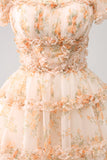 Yellow A-Line Ruffled Tulle Floral Print Cocktail Dress