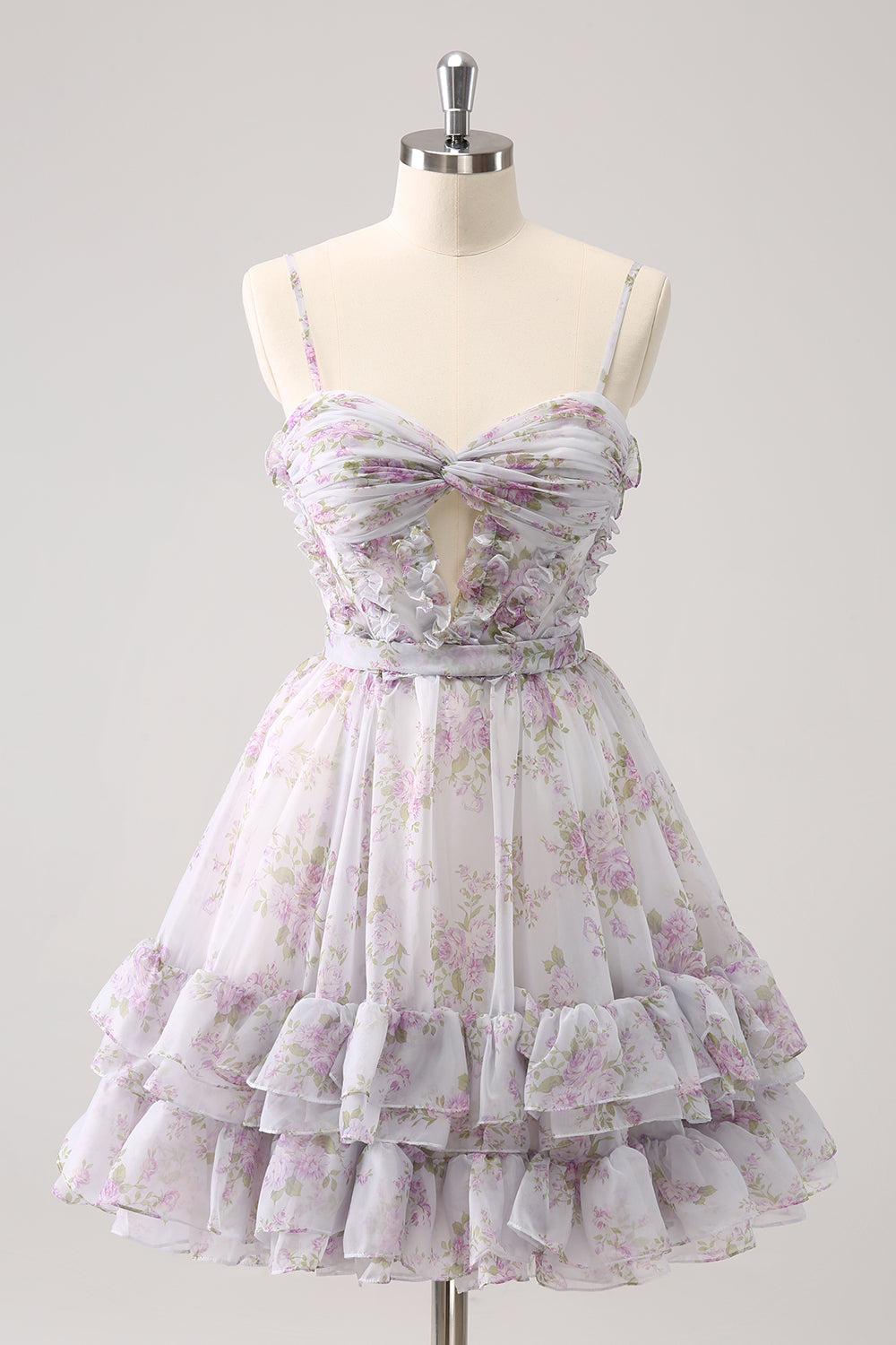 Lilac A-Line Floral Prints Tiered Tulle Cocktail Dress