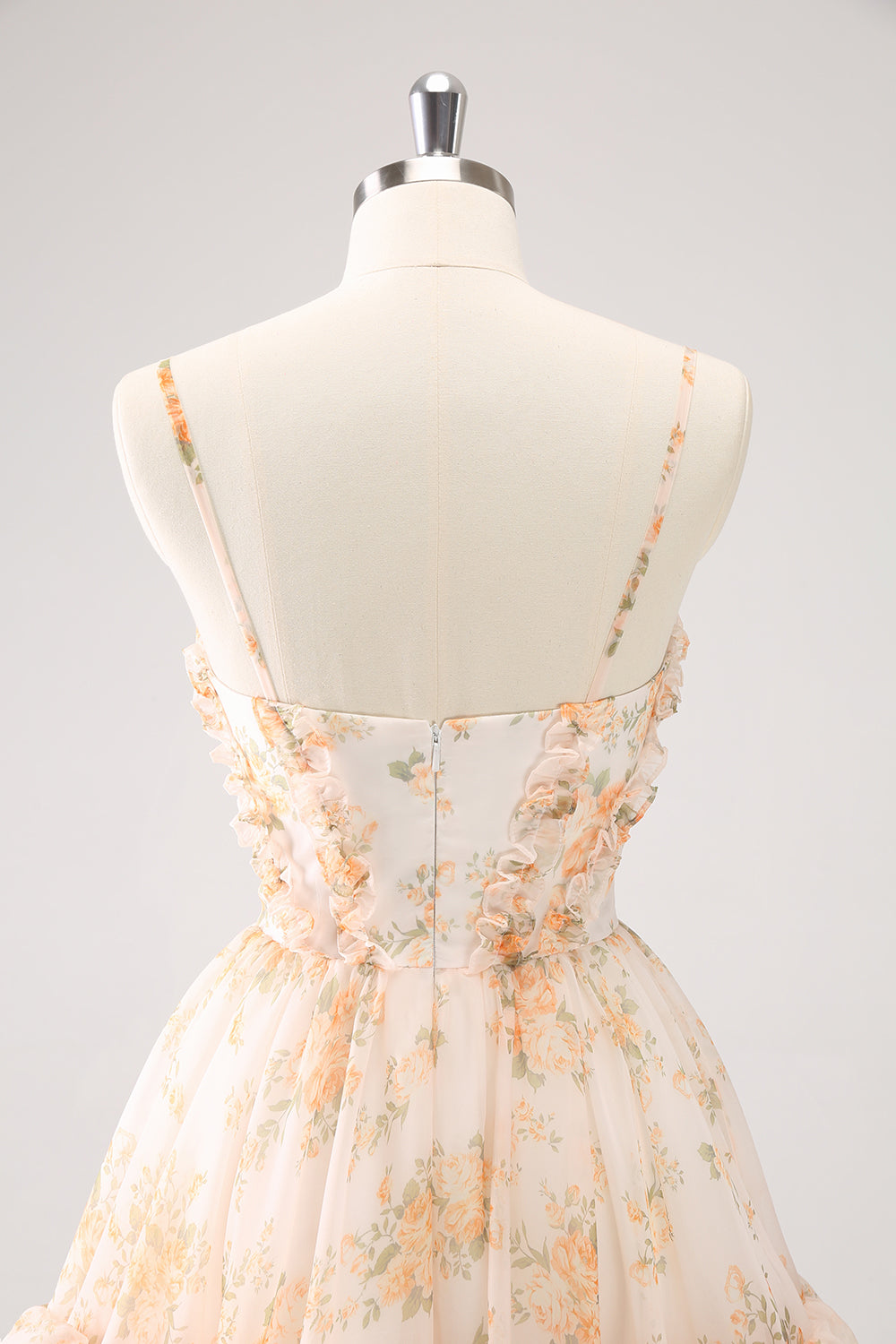 Yellow A-Line Front Twist Short Floral Cocktail Dress With Ruffles