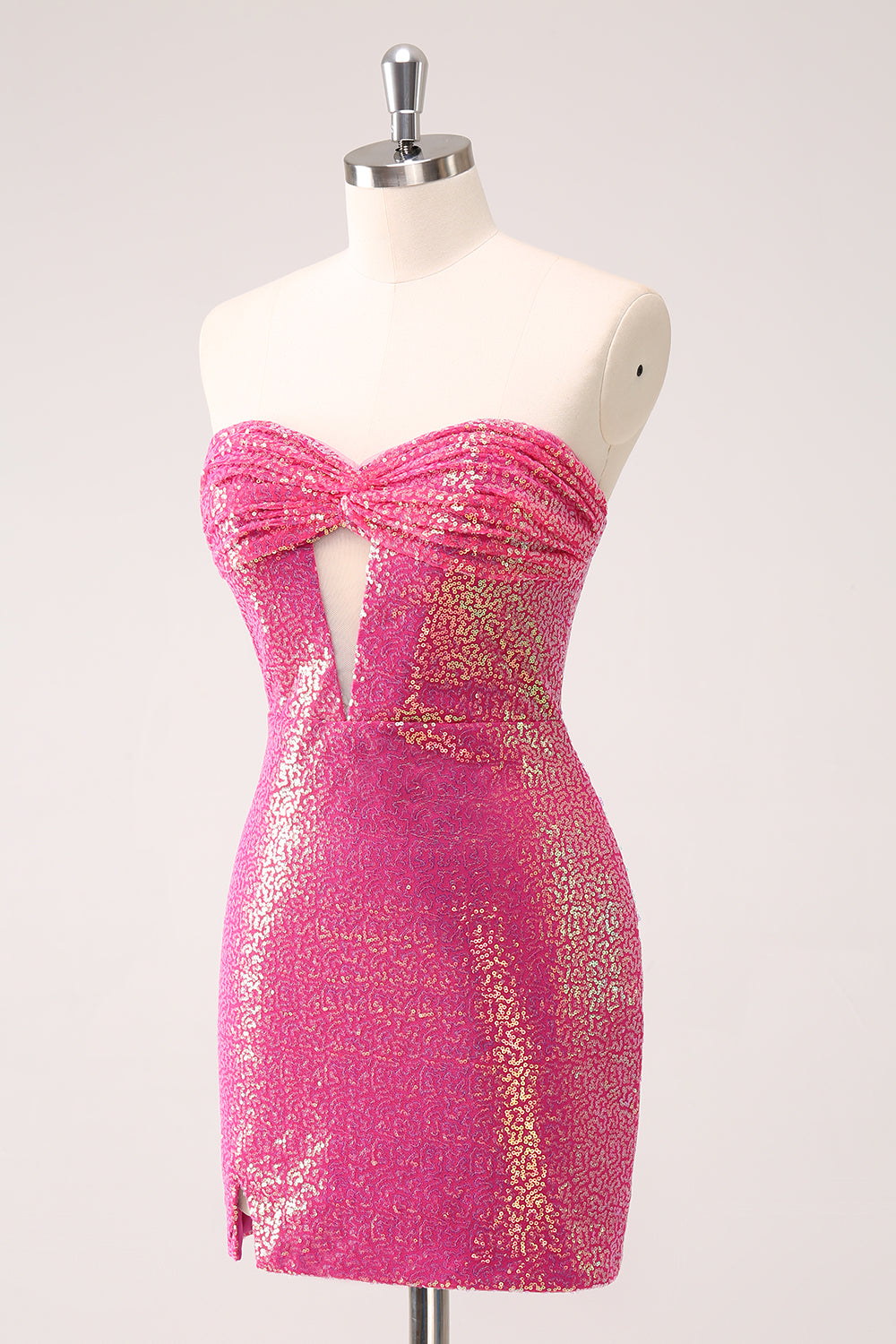 Fuchsia Hollow Out Strapless Sequins Tight Cocktail Dress with Slit
