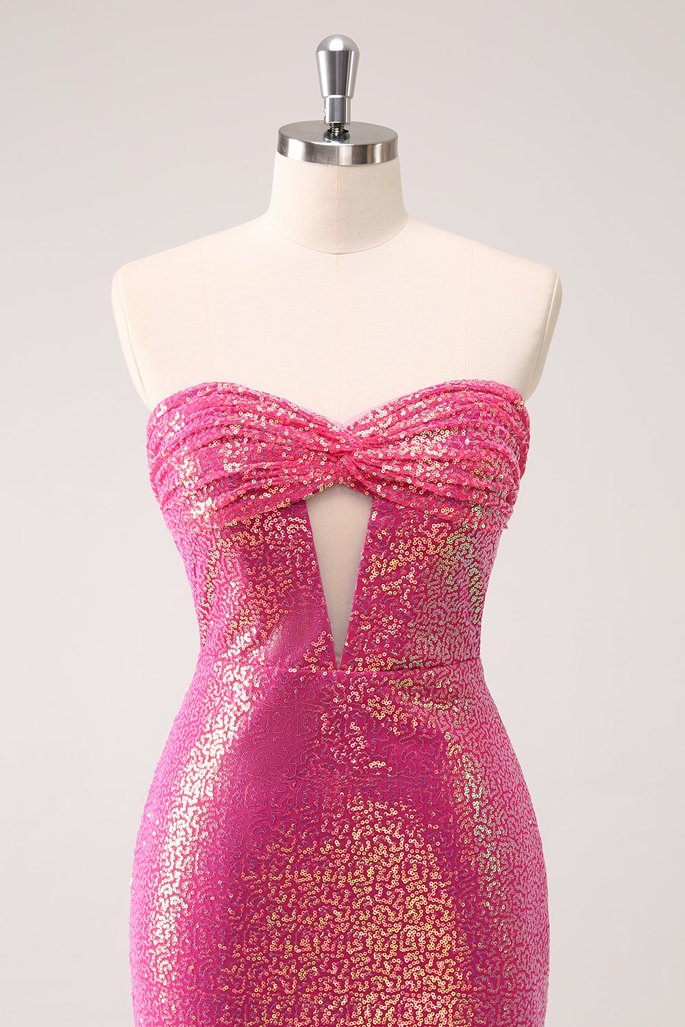 Fuchsia Hollow Out Strapless Sequins Tight Cocktail Dress with Slit