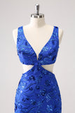 Sparkly Royal Blue Bodycon Cut Out Cocktail Dress with Beading