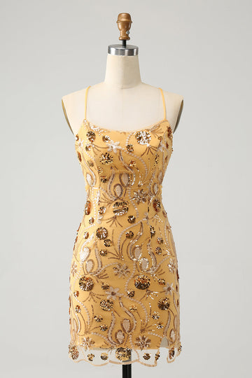 Glitter Yellow Sequined Embroidery Tight Cocktail Dress with Beading