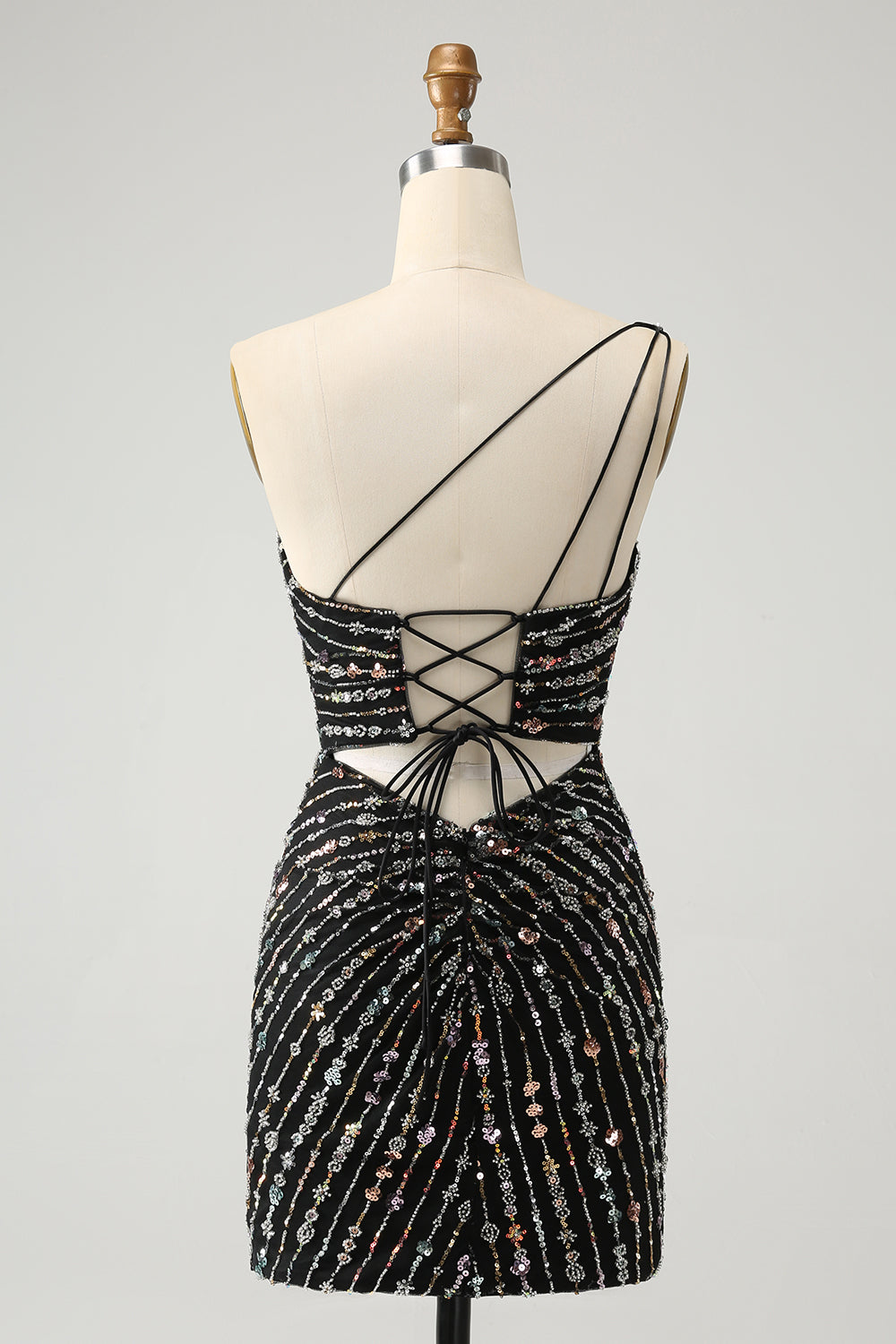 Glitter Black One Shouder Tight Cocktail Dress with Beading