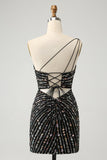 Glitter Black One Shouder Tight Cocktail Dress with Beading