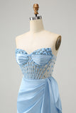 Sparkly Blue Bodycon Sweetheart Corset Cocktail Dress with Beading