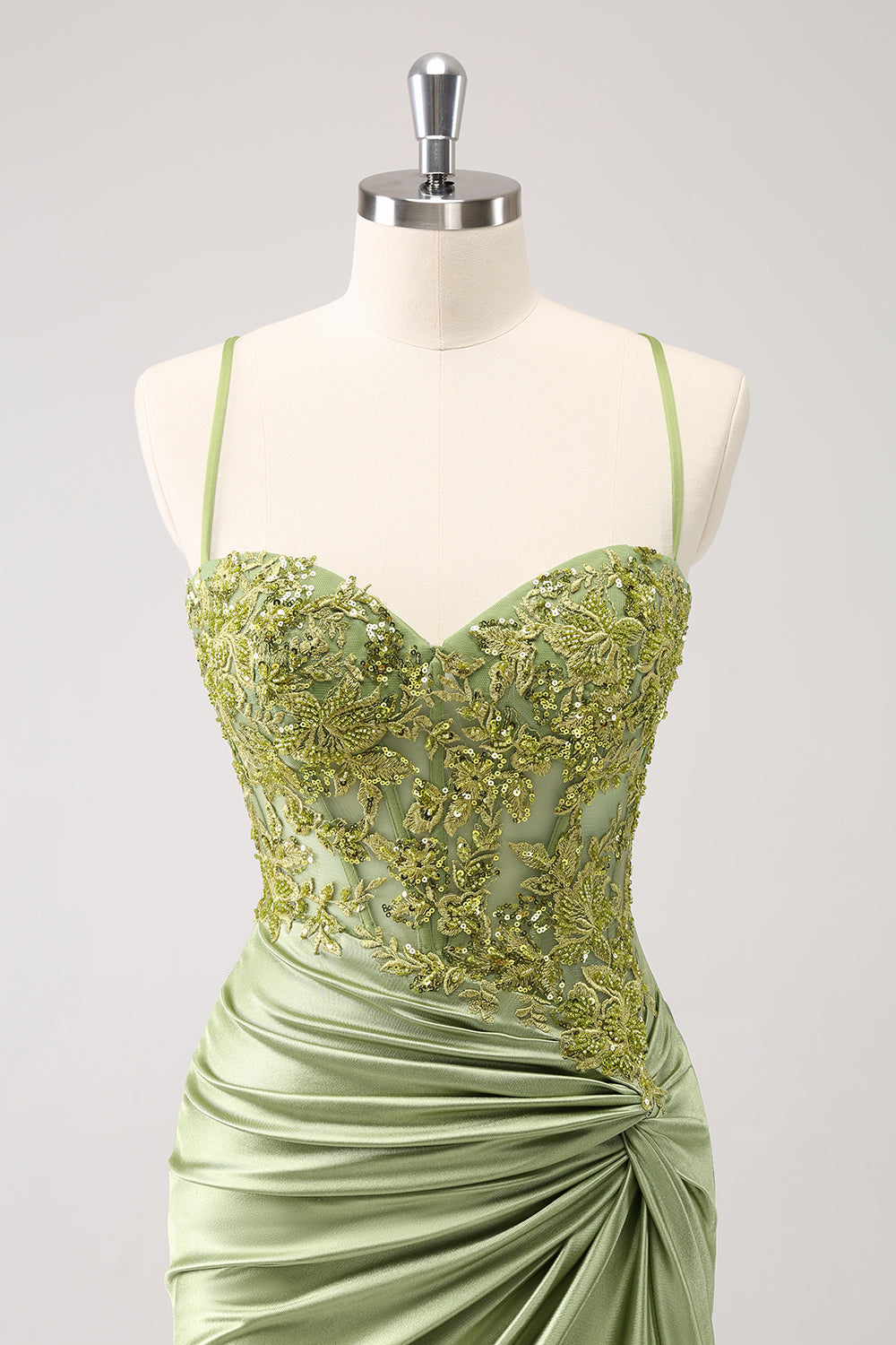 Sparkly Army Green Lace-Up Back Cocktail Dress with Appliques