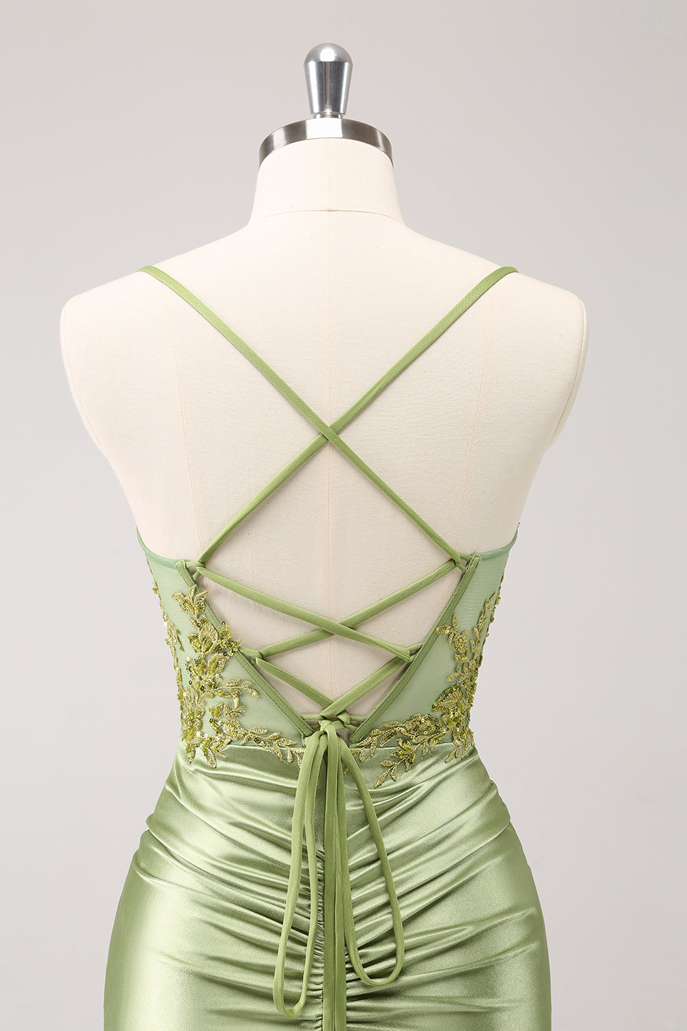 Sparkly Army Green Lace-Up Back Cocktail Dress with Appliques